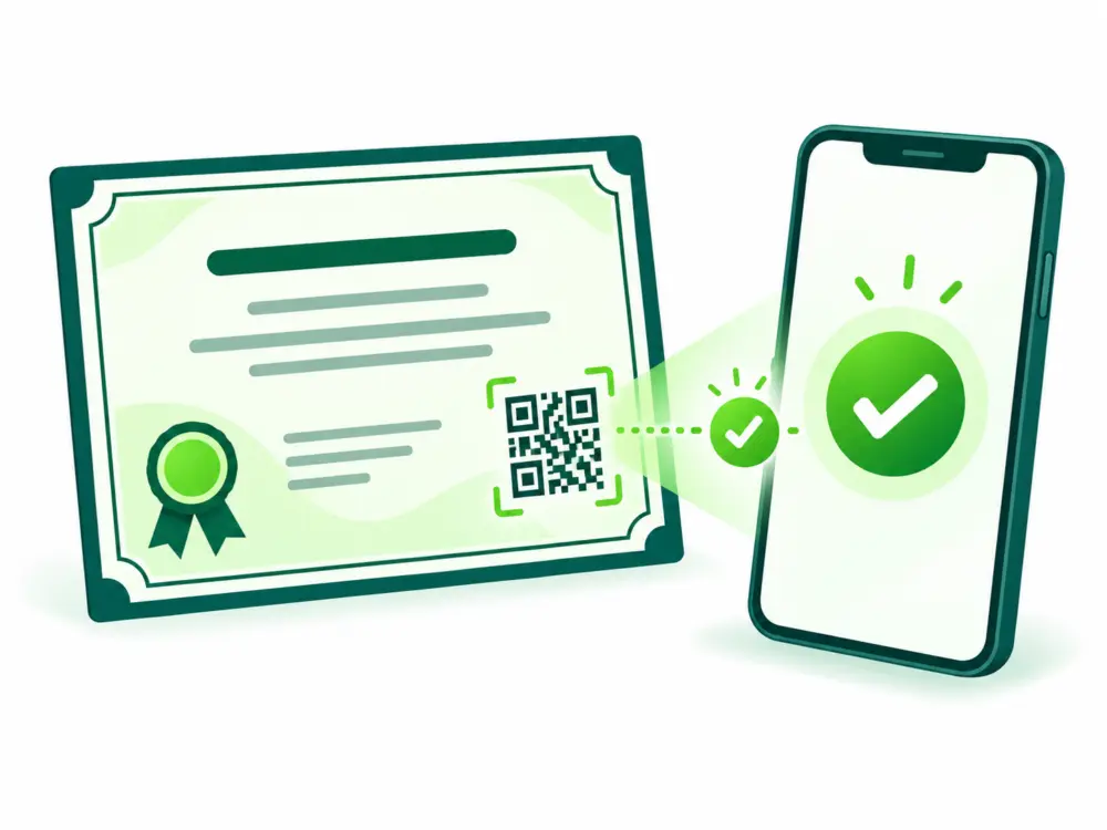 Illustration d’un certificat de parcours et d’un téléphone affichant sa vérification par QR code.