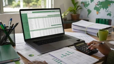 Documents financiers et ordinateur illustrant le suivi analytique et le reporting avec SAGA